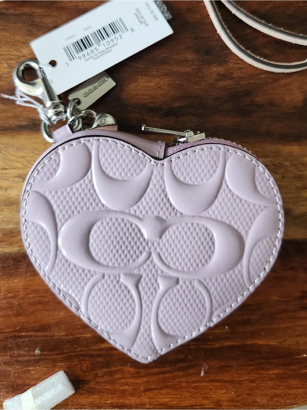 Coach Pale Lavender Heart Coin Case with Signature Embossing